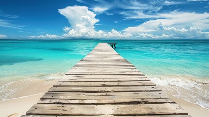 Fototapeta premium Tranquil wooden pier extending into turquoise ocean, pristine beach, sunny day, perfect getaway.