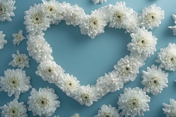 Obraz premium Sophisticated Mother's Day scene from top view, displaying fresh blooming chrysanthemums within a heart-shaped frame on a soft blue background, space for custom messages 