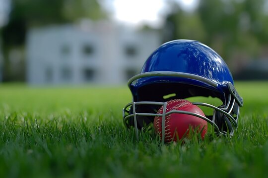 Cricket halmet and a ball on a green grass. Helmet protects batsman from fast balls which may otherwise cause harm to playing person.