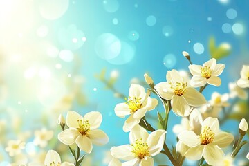 Fototapeta premium Spring background with yellow bloom blossoming under the blue sky 