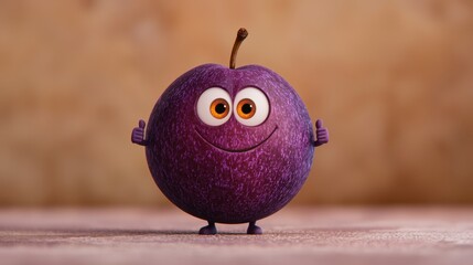 Cute Animated Purple Fruit Character with Happy Expression