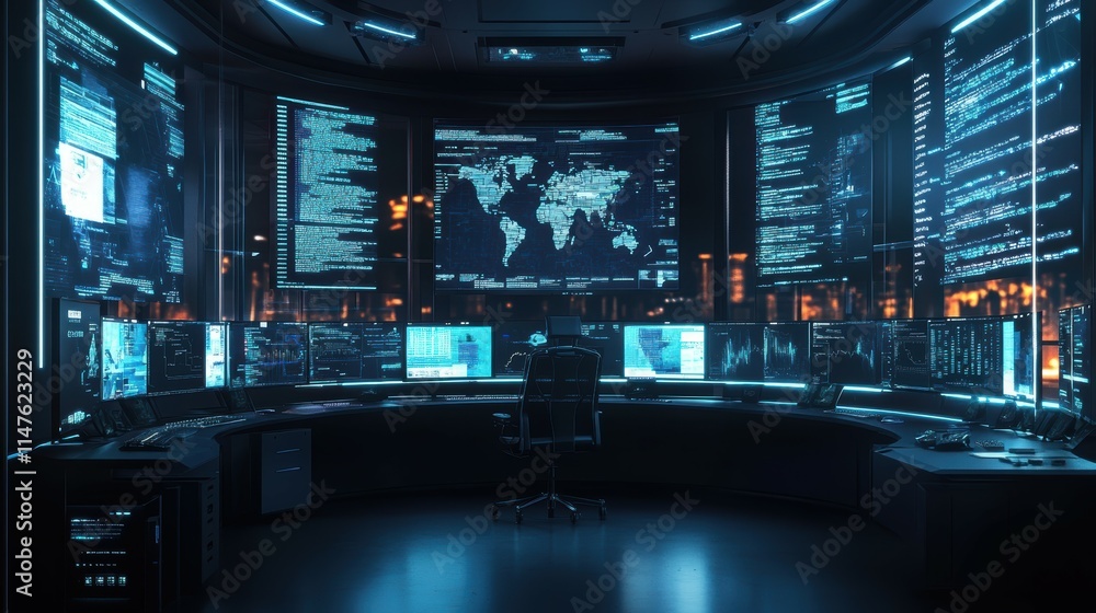 Poster modern office with advanced blockchain technology and curved monitors