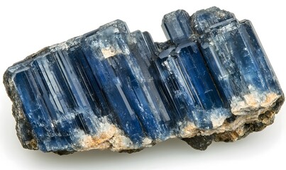Fototapeta premium Blue kyanite mineral specimen, showing prismatic crystal structure, on white background.