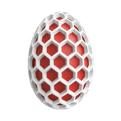 A stylized egg design featuring a honeycomb pattern with a vibrant red interior and a white exterior.isolated on white background