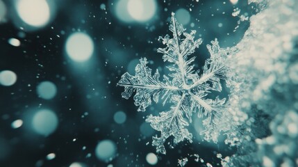Fototapeta premium Close-up of a single, intricate snowflake against a bokeh background.