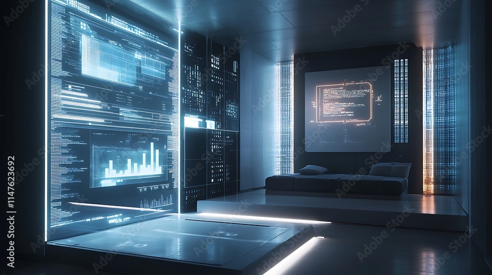 Poster futuristic bedroom with large digital screens displaying data code for showcasing a technologically 