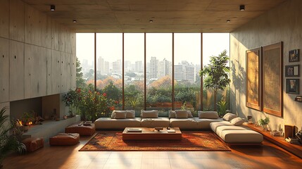 Fototapeta premium Modern Concrete Living Room with City View. Concept of Minimalist, Cozy, and Urban Living.