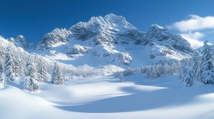 Snow-covered mountains, winter wonderland, serene landscape.