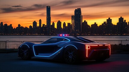 A futuristic police car illuminated against a city skyline at sunset.