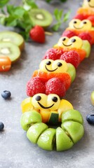 Naklejka premium Colorful Fruit Kabobs Designed to Resemble a Happy Caterpillar Decoration