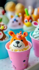 Colorful Ice Cream Cups with Cute Animal Faces and Candy Noses