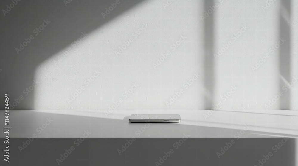 Poster minimalistic white desk with smartphone casting shadow in soft light