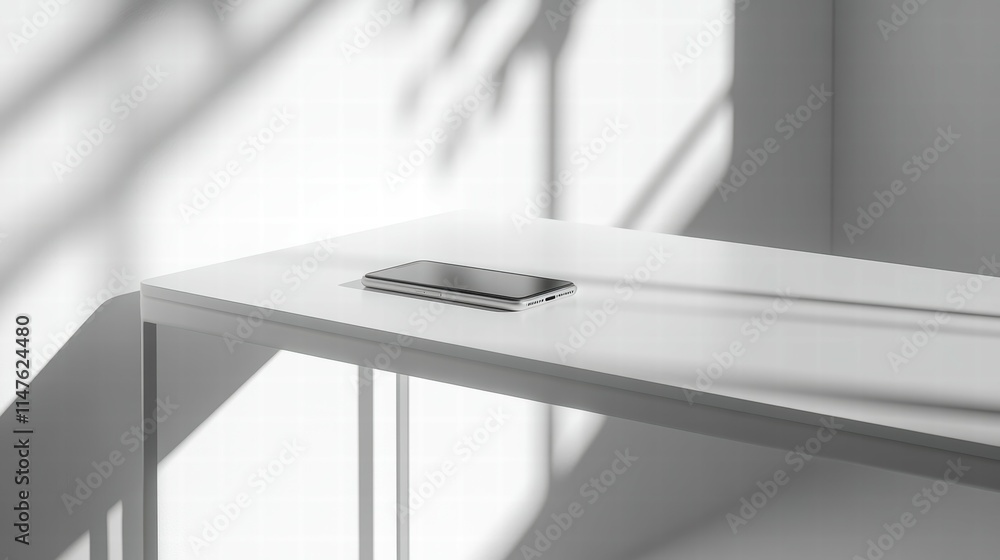 Poster minimal white desk with smartphone and soft shadows for modern workspace