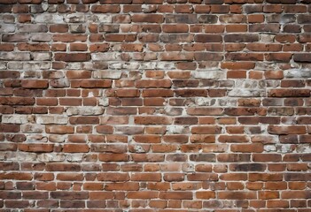 Obraz premium close up image of a weathered brick wall. The bricks are a mix of reds and browns, with white mortar.