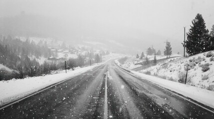 Snowy road with low visibility, trees, hills and snow falling.