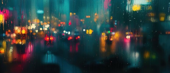 Blurred City Lights Reflected on Rain-Drenched Window at Night