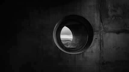 Round opening in weathered, concrete wall framing distant nature view.