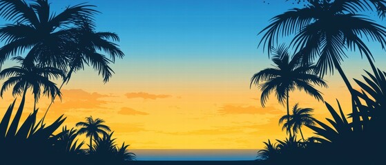 Obraz premium Sunset Gradient Sky with Silhouettes of Palm Trees and Calm Ocean View