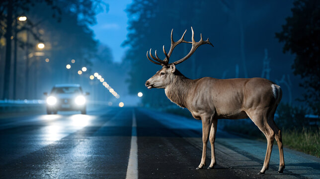 Wildlife hazard deer crossing road at night in front of moving vehicle road safety concern
