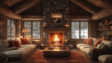 Cozy cabin interior, fireplace, winter scene.