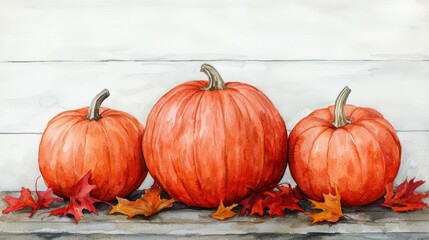 Obraz premium Vibrant Pumpkins Surrounded by Colorful Autumn Leaves on Wood