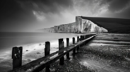 Obraz premium Dramatic coastal landscape with weathered wooden groynes extending into a stormy sea, against a backdrop of towering cliffs.