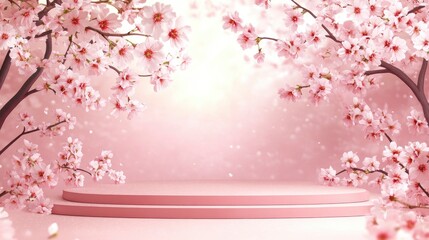 Fototapeta premium Spring background,Studio Room with 3D Podium Display with Cherry Blossoming on Pink Wall Background,Vector illustration backdrop Sakura flower frame border for Mother Day,Valentines,Easter Banner 