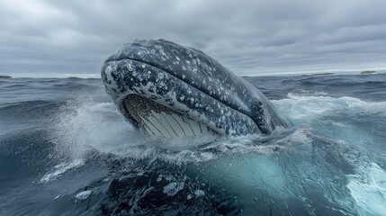 Fototapeta premium Close-up of a whale's head breaking the ocean surface, with grey skin and barnacles, against a stormy sky.