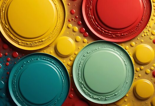Close-up of various paint containers, displayed as a design element with four larger circles of paint and scattered smaller ones. These colorful circular paints are used as graphic texture in the Adob
