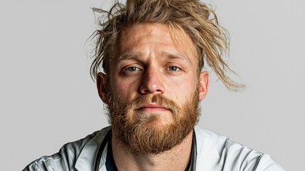 Obraz premium Close-up portrait of a serious, bearded man with messy blond hair, wearing a white lab coat.