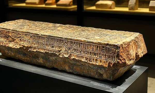 Ancient stone tablet inscribed with cuneiform writing.