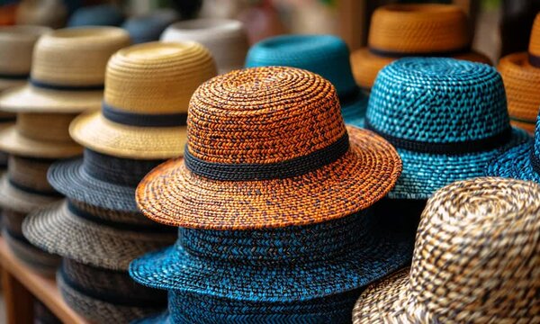 Colorful straw hats stacked for sale at a market.