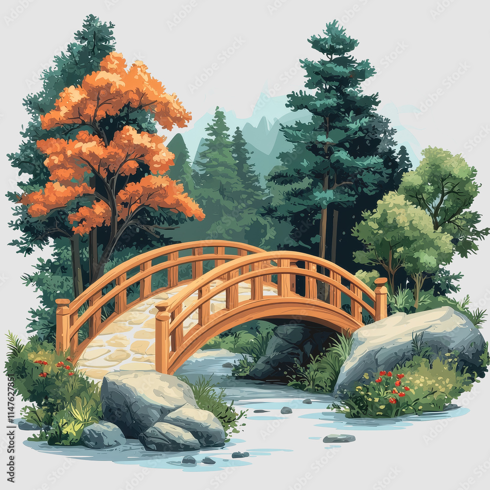 Poster scenic overlook of a bridge over a small stream in a lush forest with vibrant greenery and sunlight 