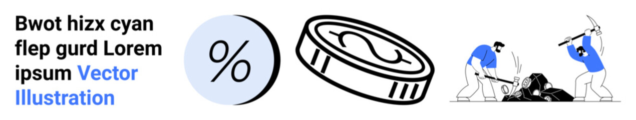 Percentage symbol, coin, two workers breaking rocks. Ideal for finance, business growth, labor industry, investment, financial advice, economic trends, and employment topics. Landing page