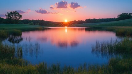 Obraz premium Sunset reflects on calm lake, peaceful scene.