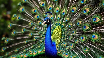 Obraz premium A beautiful peacock with its head held high and its feathers spread out