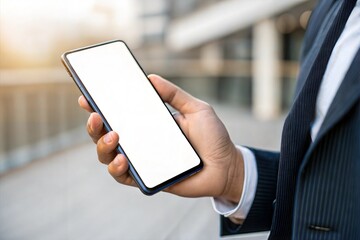 Businessman Holding a Smartphone with Blank Screen