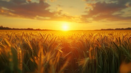 Fototapeta premium Golden wheat field bathed in sunset's glow. Perfect for agriculture, harvest, or nature themes.