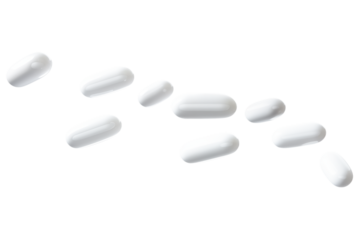 Levitation of white capsules of medicine or vitamin supplements isolated on a transparent background.