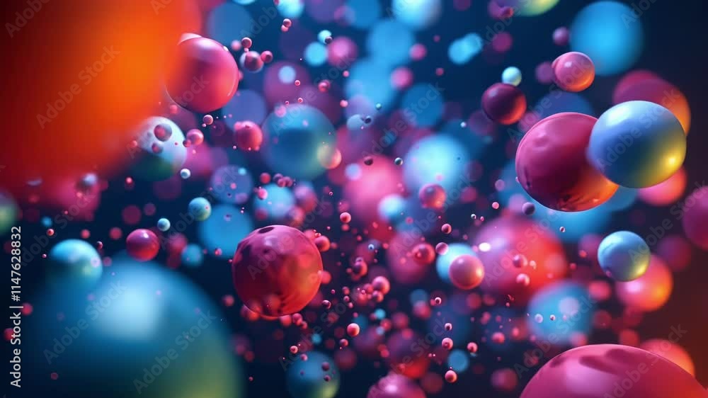 Poster abstract 3d rendering of colorful spheres floating in a dark digital space, representing the flow an