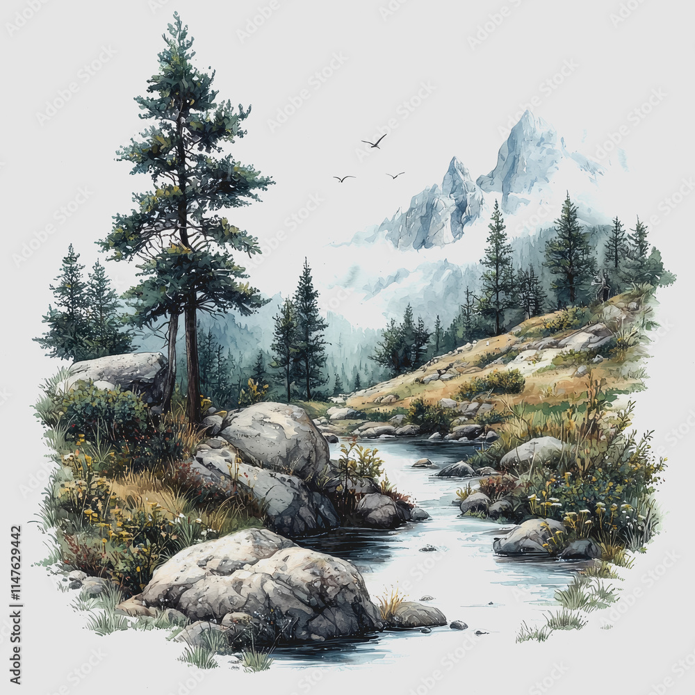 Poster wilderness solitude: serene mountain stream in a tranquil forest with lush trees and intricate rocks