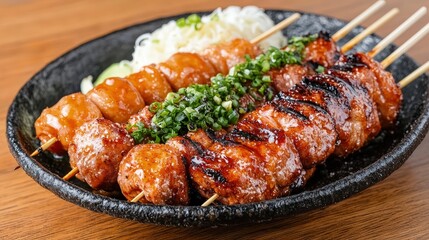 Grilled meat skewers with glaze, served with shredded cabbage and scallions on a dark plate.