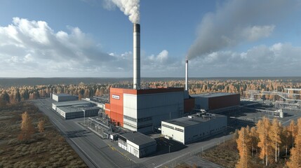 Industrial plant with smokestacks emitting smoke, surrounded by autumnal forest.