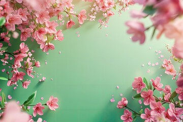 Fototapeta premium Spring Cherry Blossom. Abstract background of macro cherry blossom tree branch on green background. Happy Passover background. Spring womens day concept. Easter, Birthday, womens or mothers holiday.