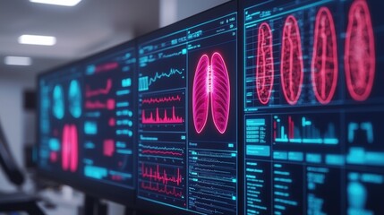 health insurance plan prevention concept High-tech medical screens displaying data and brain scans in vibrant colors.