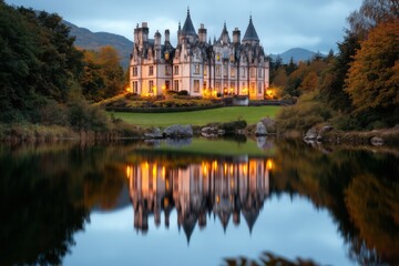 Obraz premium A beautifully lit Irish castle at twilight, reflected in a serene lake, surrounded by lush autumn foliage and creating a magical evening ambiance