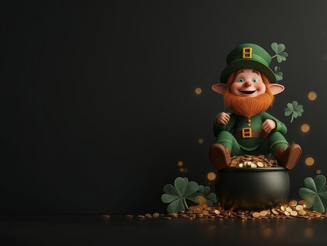 A cheerful leprechaun with a red beard sitting on a pot of gold, surrounded by shamrocks and glowing lights, symbolizing St. Patrick's Day celebration