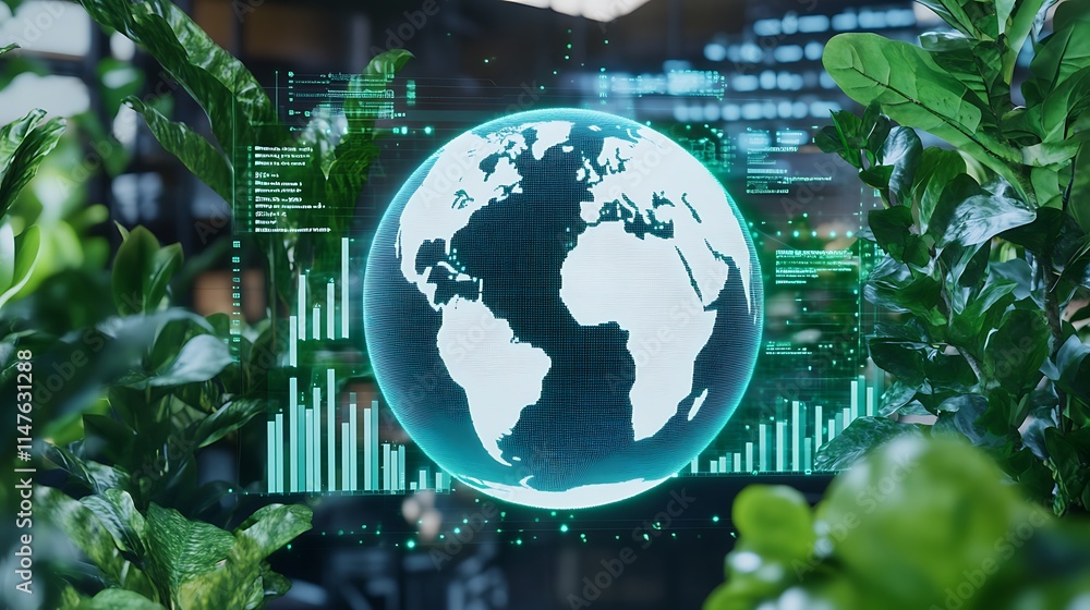 Poster exploring the intersection of technology and nature with a digital globe surrounded by greenery
