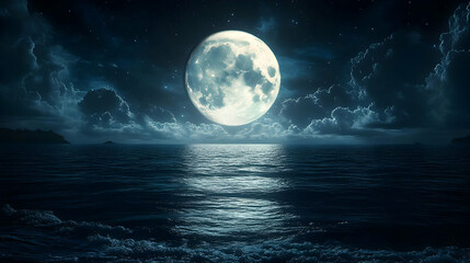 Ocean Night Scene with Full Moon and Stars Illustration