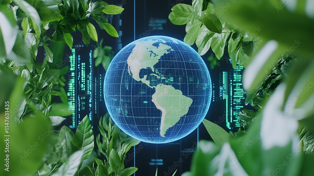 Poster exploring the intersection of technology and nature with a digital globe surrounded by greenery